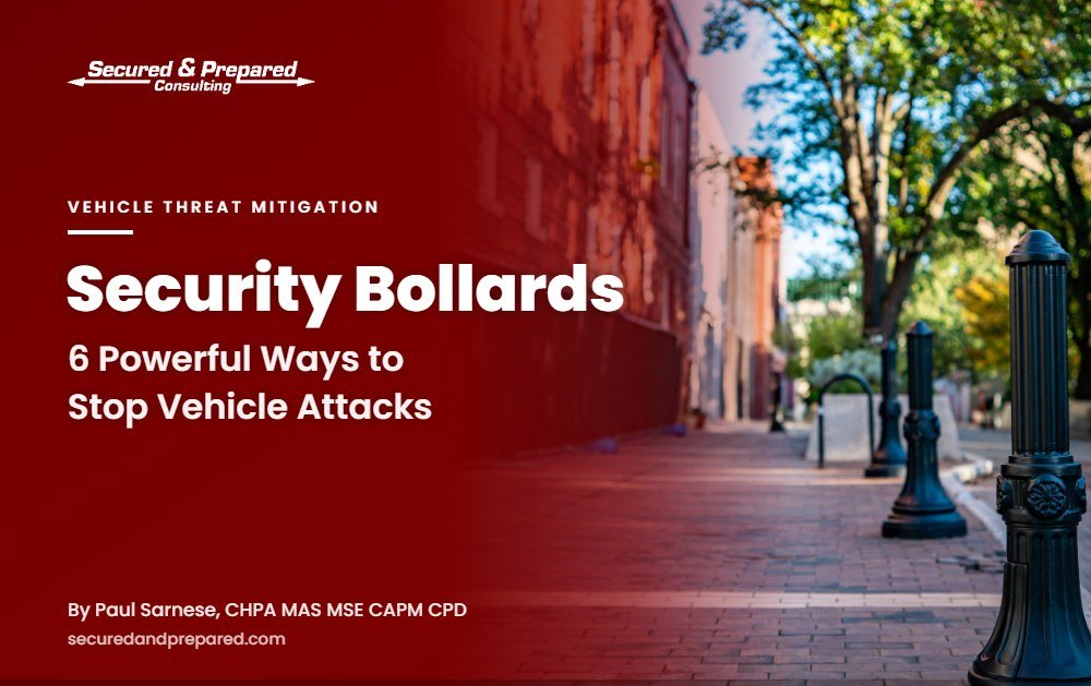 Security bollards protecting a building entrance from vehicle attacks